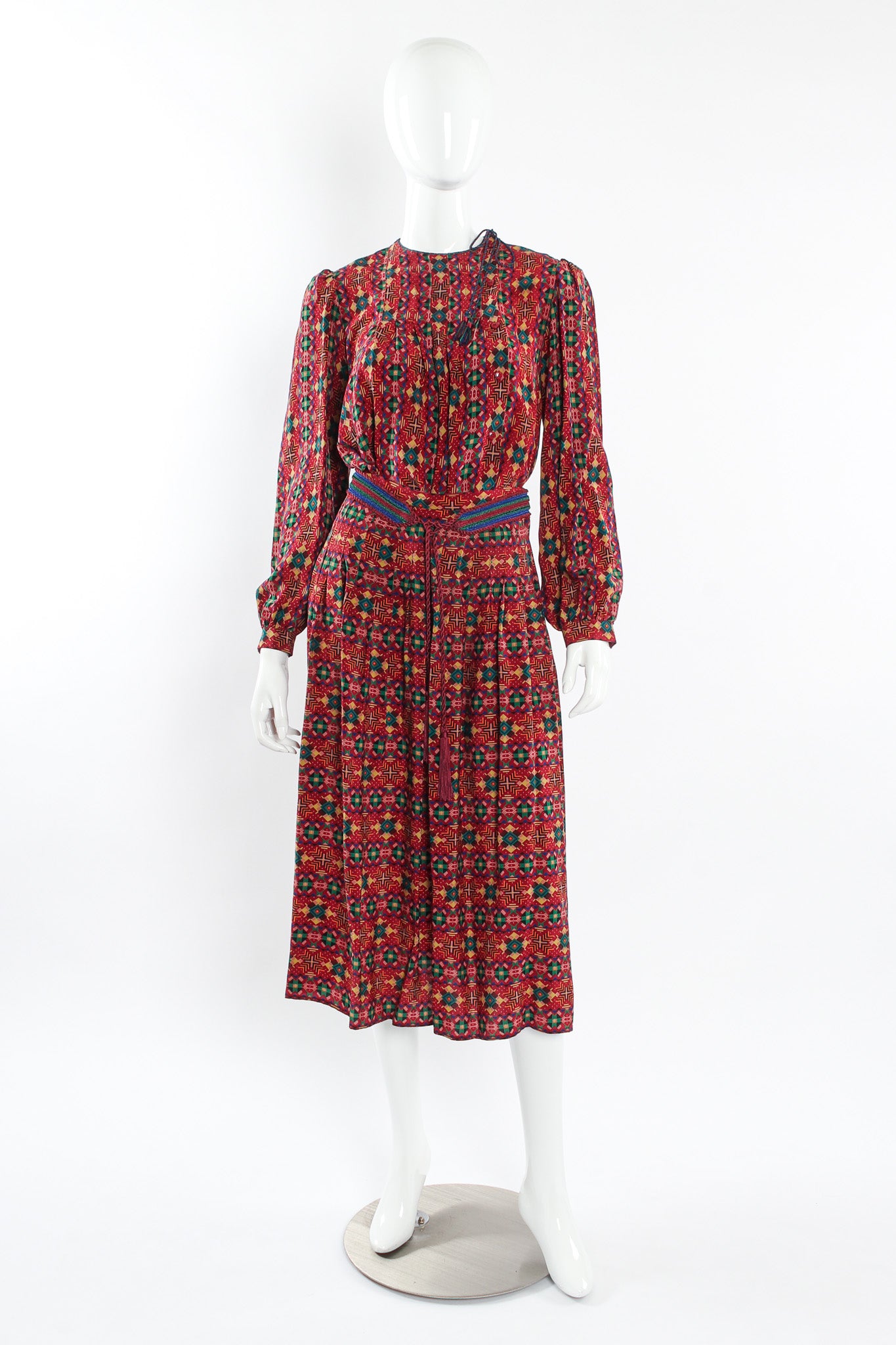 Vintage Oscar de la Renta Geo Tribal Silk Top & Skirt Set mannequin front @ Recess LA