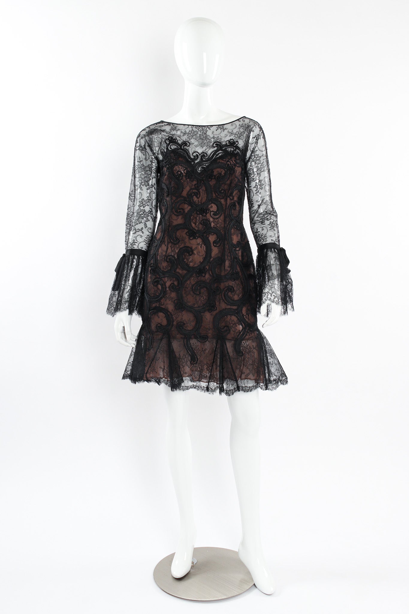 Vintage Oscar de la Renta Soutache Chantilly Lace Ruffle Dress mannequin front @ Recess LA