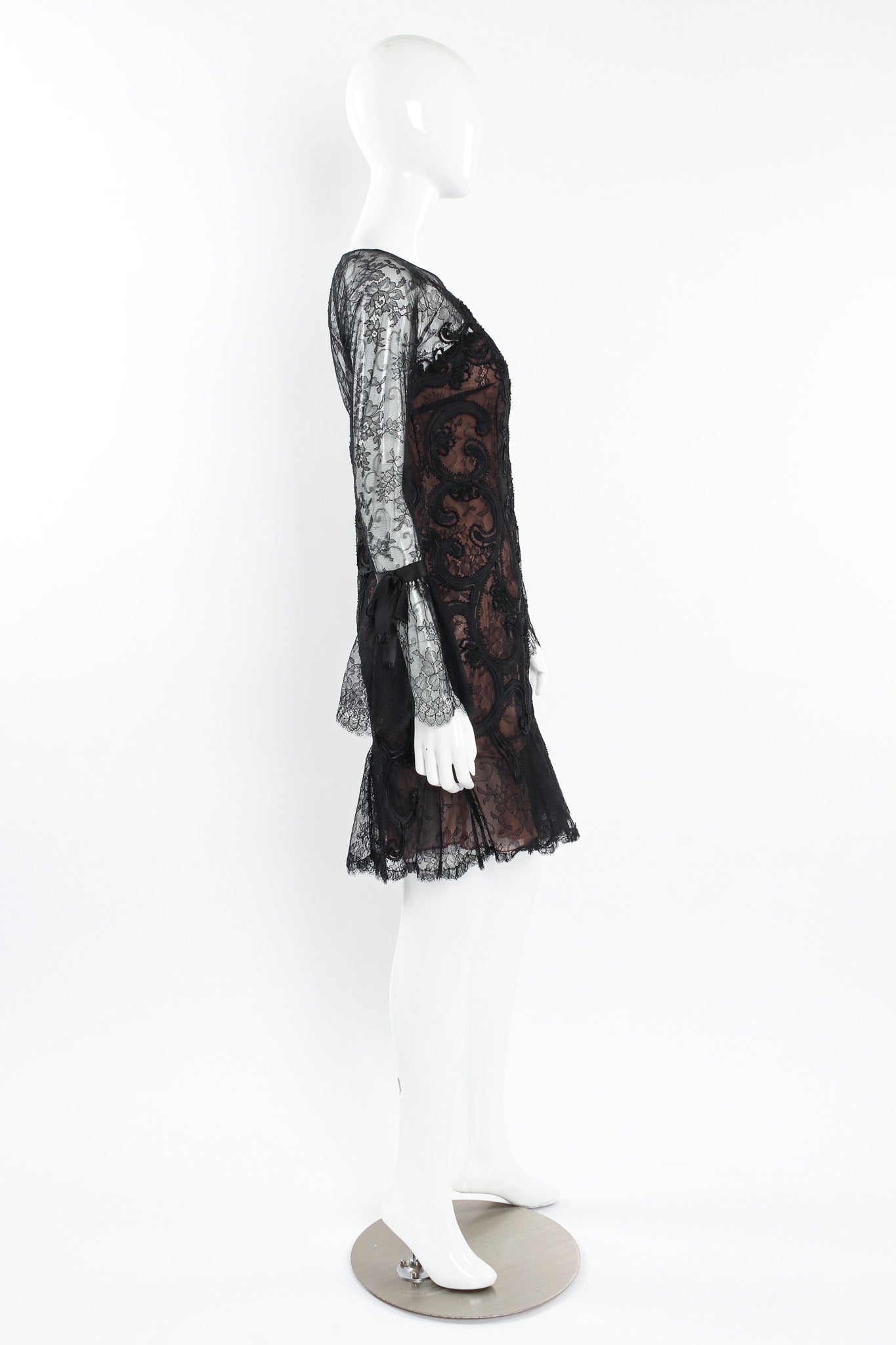 Vintage Oscar de la Renta Soutache Chantilly Lace Ruffle Dress mannequin side @ Recess LA