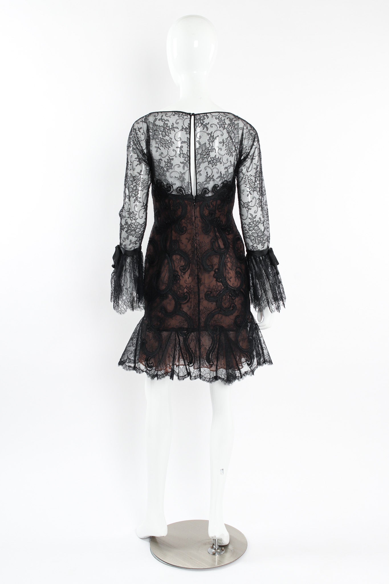 Vintage Oscar de la Renta Soutache Chantilly Lace Ruffle Dress mannequin back @ Recess LA