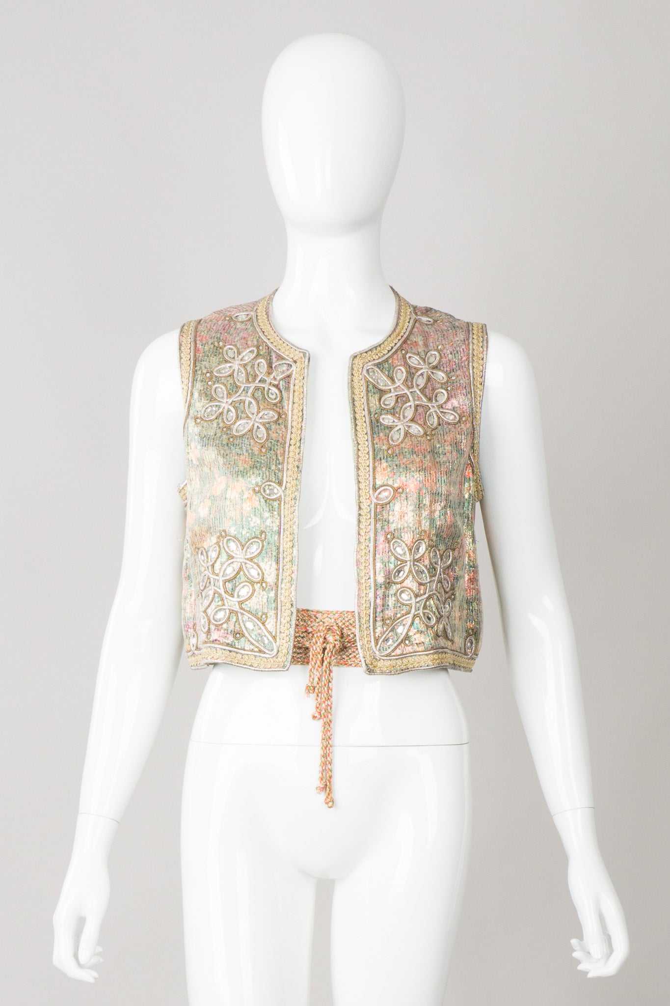 Oscar de la Renta Vintage Boho Embellished Lamé Vest & Belt Set