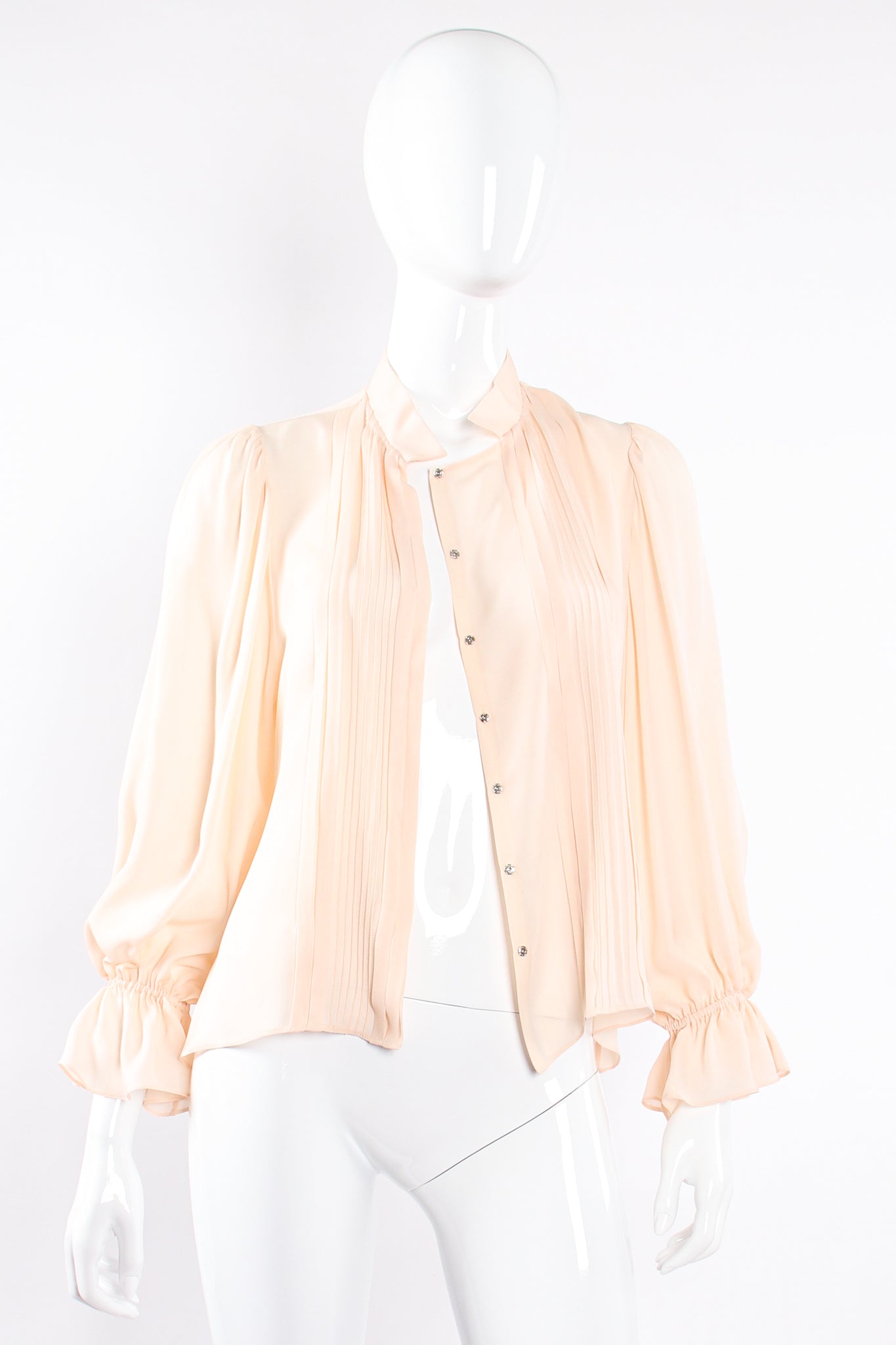 Vintage Oscar de la Renta Blush Silk Pintuck Blouse on Mannequin open at Recess Los Angeles