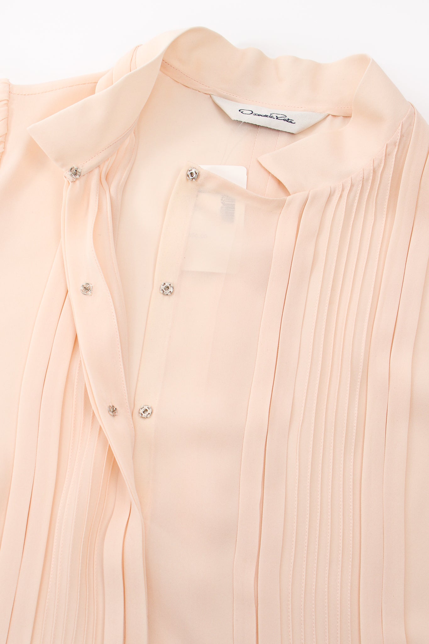 Vintage Oscar de la Renta Blush Silk Pintuck Blouse snaps at Recess Los Angeles