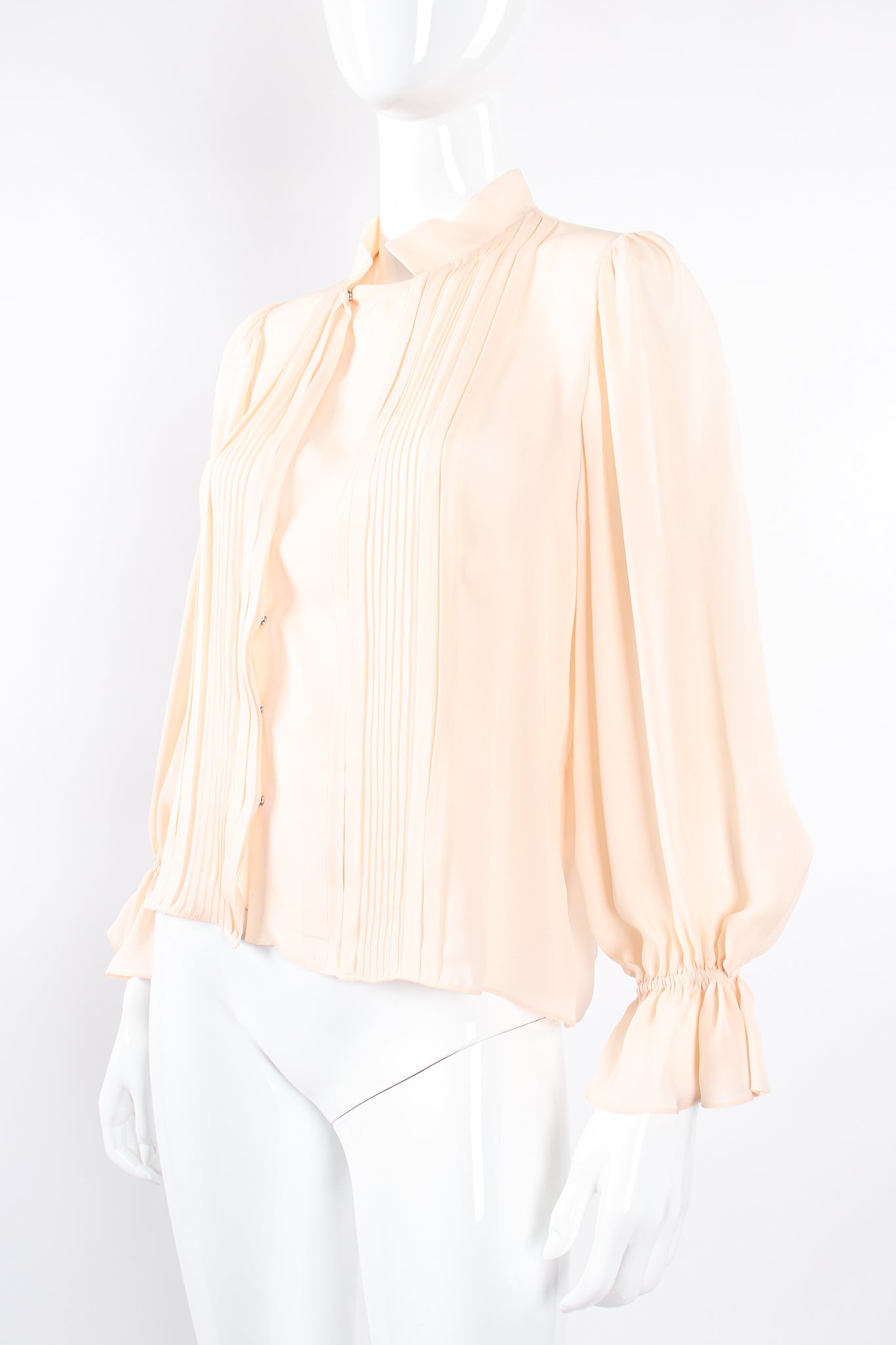 Vintage Oscar de la Renta Blush Silk Pintuck Blouse on Mannequin angle at Recess Los Angeles