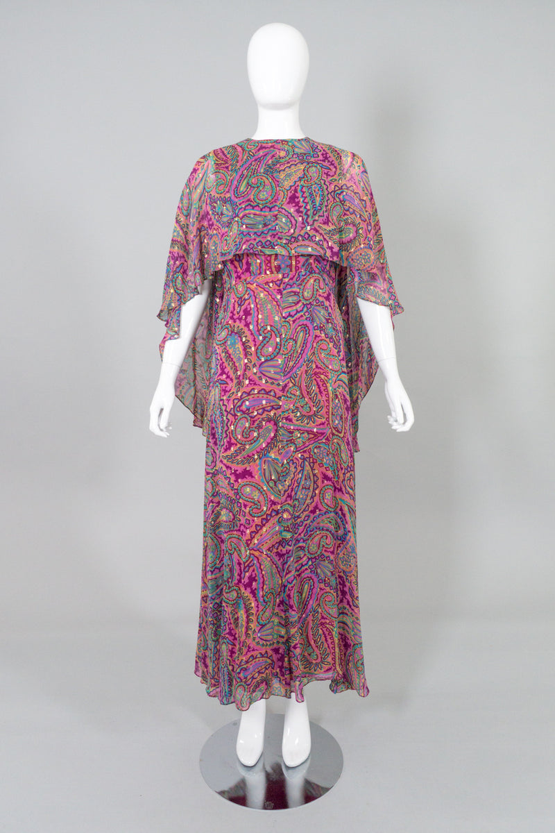 Oscar de la Renta Vintage Paisley Sheer Silk Chiffon Cape Dress