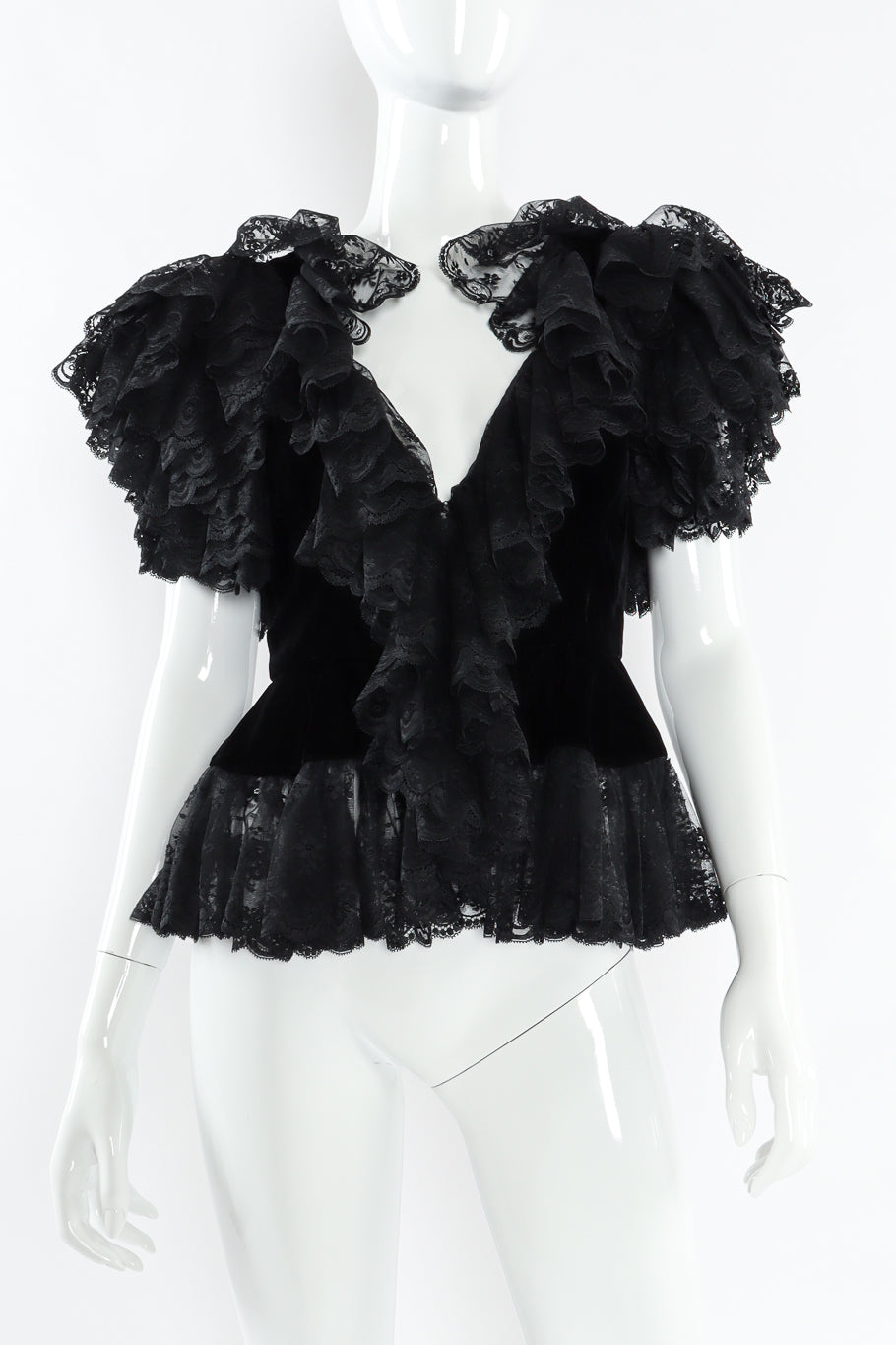 Vintage Oscar de la Renta Chantilly Ruffle Lace Velvet Top mannequin frontt close @ Recess LA