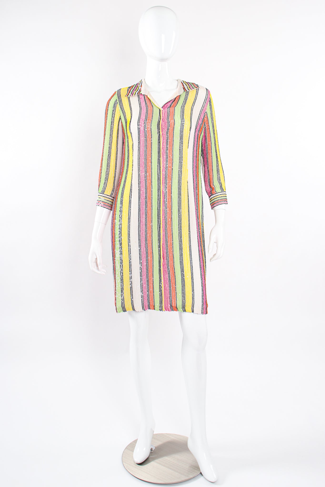 Vintage Oscar de la Renta Beaded Skittle Stripe Shirtdress Swim Cover on Mannequin front @ Recess