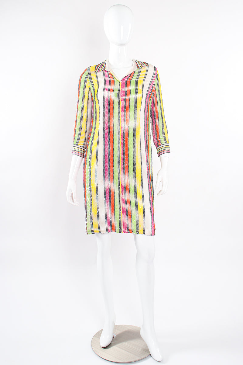 Vintage Oscar de la Renta Beaded Skittle Stripe Shirtdress Swim Cover on Mannequin front @ Recess