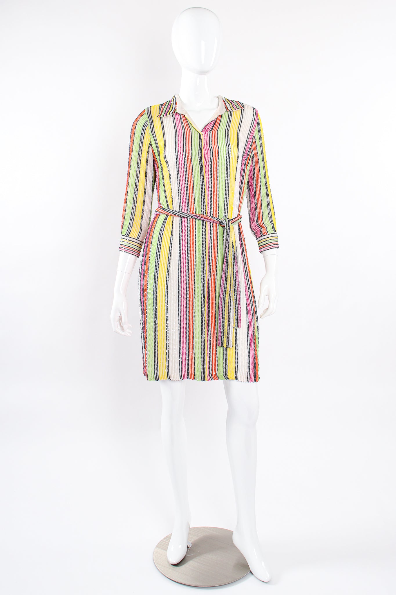 Vintage Oscar de la Renta Beaded Skittle Stripe Shirtdress Swim Cover on Mannequin front @ Recess