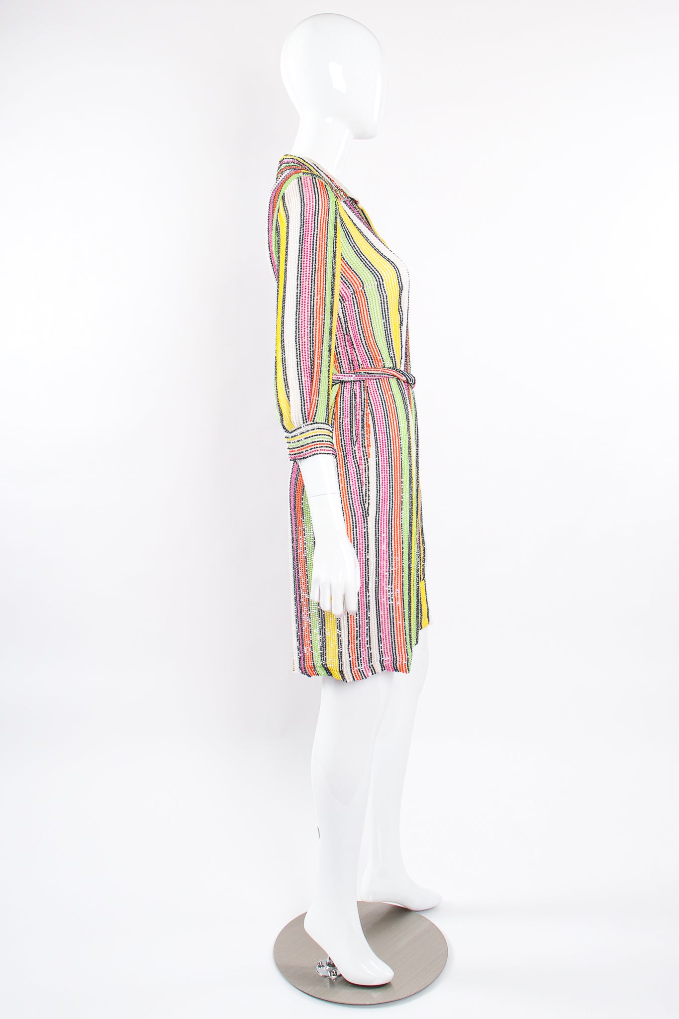 Vintage Oscar de la Renta Beaded Skittle Stripe Shirtdress Swim Cover on Mannequin side @ Recess