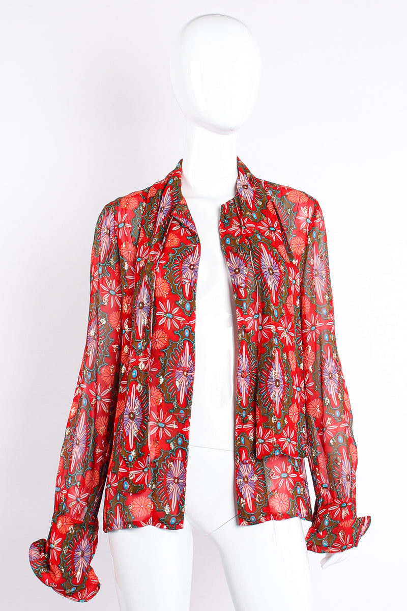 Vintage Oscar de la Renta Something! Chiffon Brocade Tie Neck Blouse on Mannequin open @ Recess LA