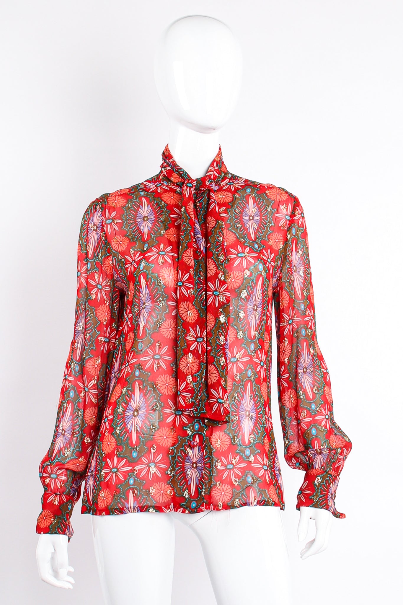 Vintage Oscar de la Renta Something! Chiffon Brocade Tie Blouse on Mannequin front @ Recess LA