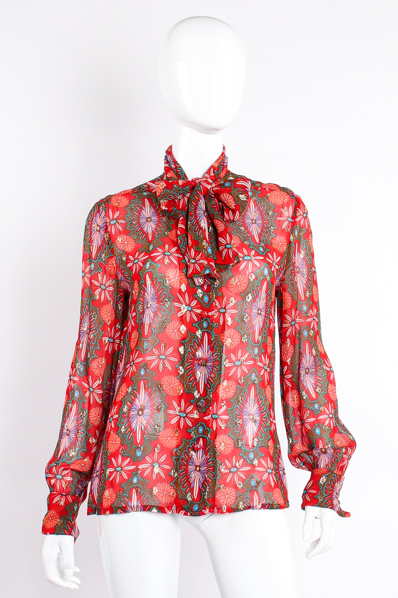 Vintage Oscar de la Renta Something! Chiffon Brocade Tie Blouse on Mannequin front @ Recess LA