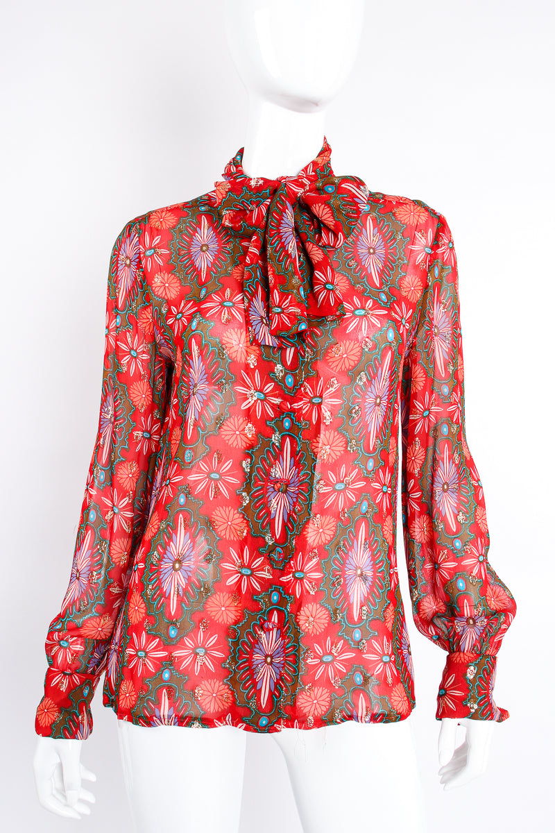 Vintage Oscar de la Renta Something! Chiffon Brocade Tie Blouse on Mannequin tie @ Recess LA