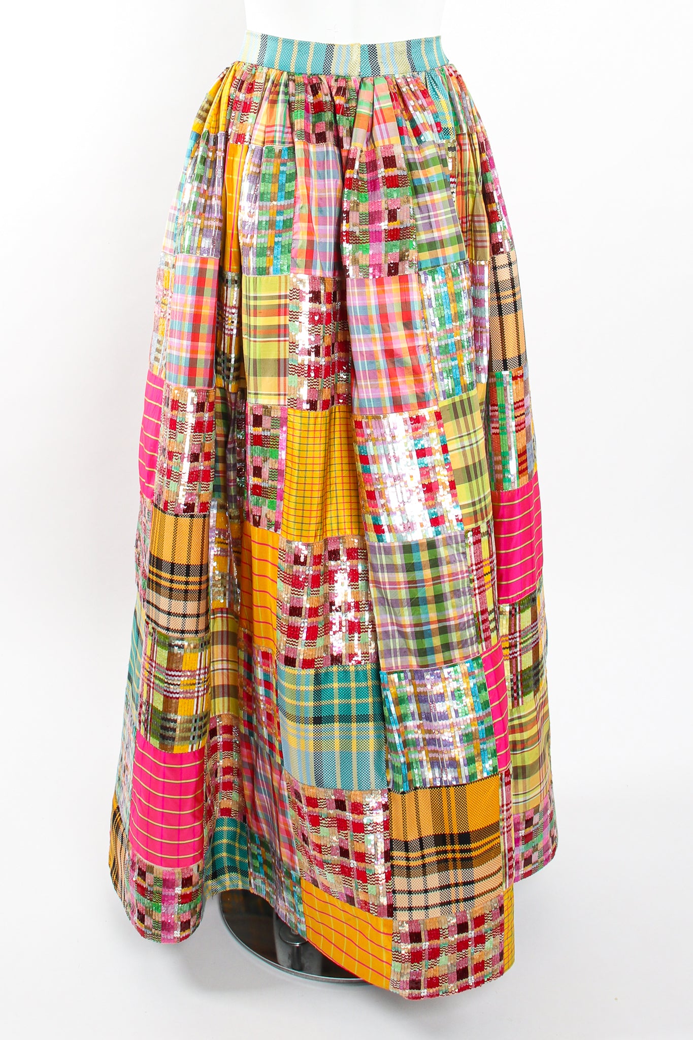 Vintage Oscar de la Renta Sequin Silk Patchwork Ball Skirt on Mannequin back at Recess LA