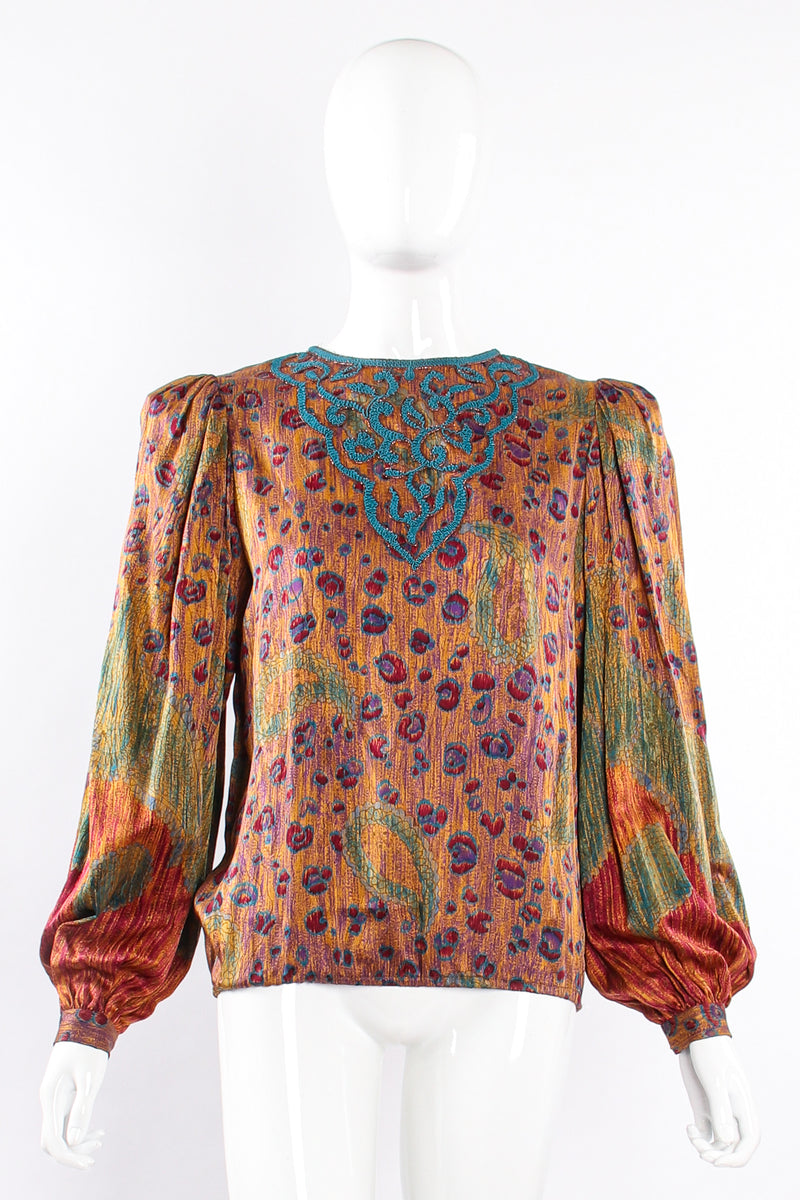 Vintage Oscar de la Renta Floral Embroidered Blouse & Skirt Set on Mannequin top front at Recess LA