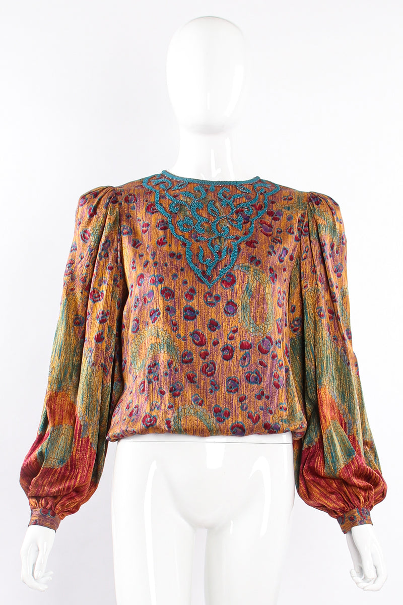 Vintage Oscar de la Renta Floral Embroidered Blouse & Skirt Set on Mannequin top front at Recess LA