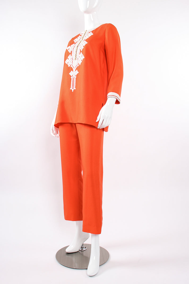 Vintage Oscar de la Renta Silk Appliqué Tunic & Pant Set on Mannequin front angle at Recess LA