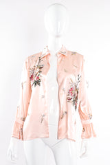 Vintage Oscar de la Renta Pink Floral Embroidered Silk Shirt on Mannequin open at Recess LA