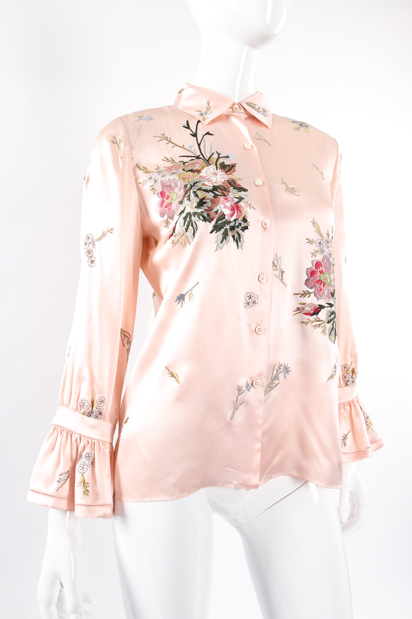 Vintage Oscar de la Renta Pink Floral Embroidered Silk Shirt on Mannequin angle at Recess LA