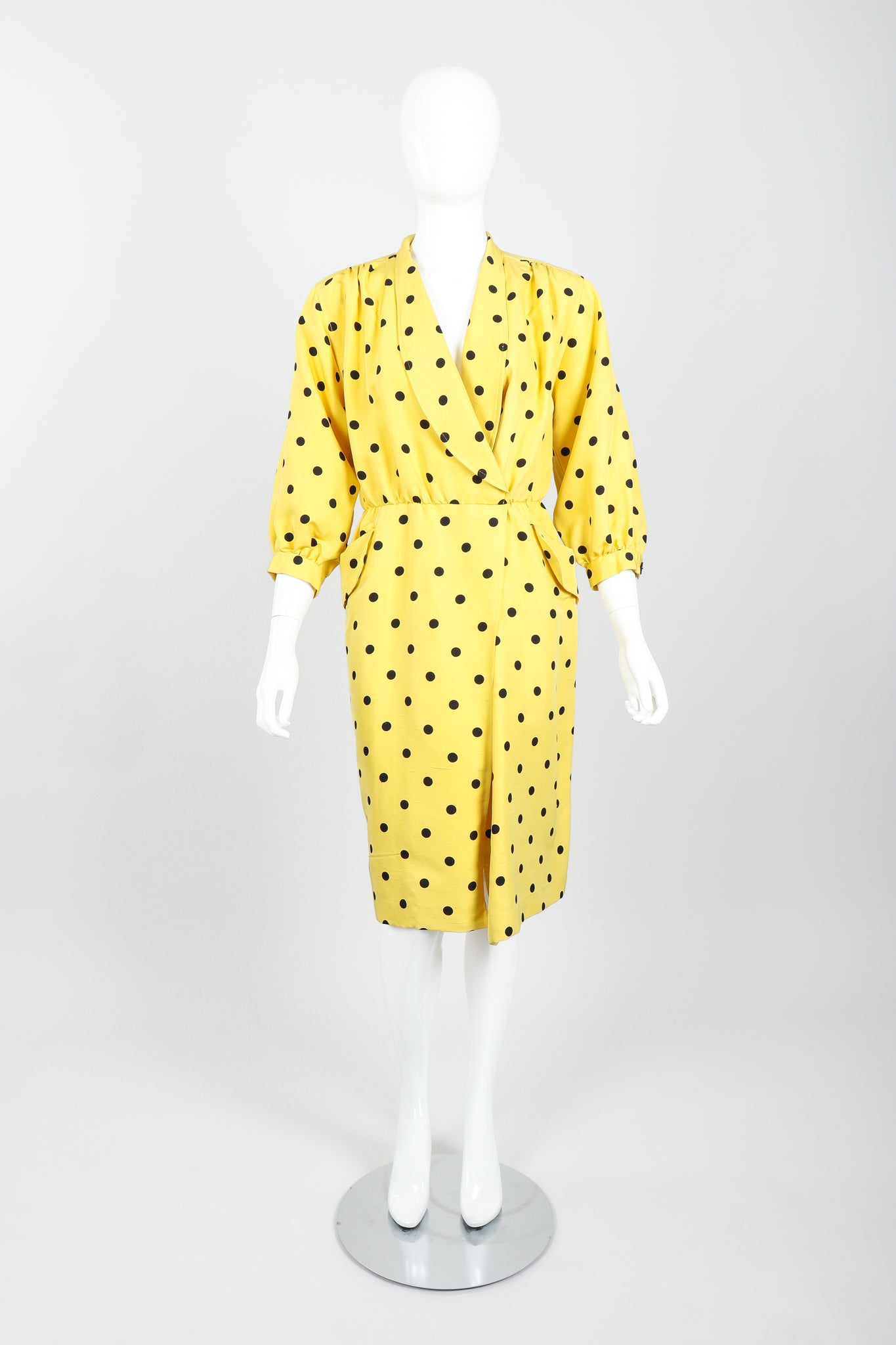 Vintage Oscar de la Renta Polka Dot Shawl Collar Dress on Mannequin front at Recess LA