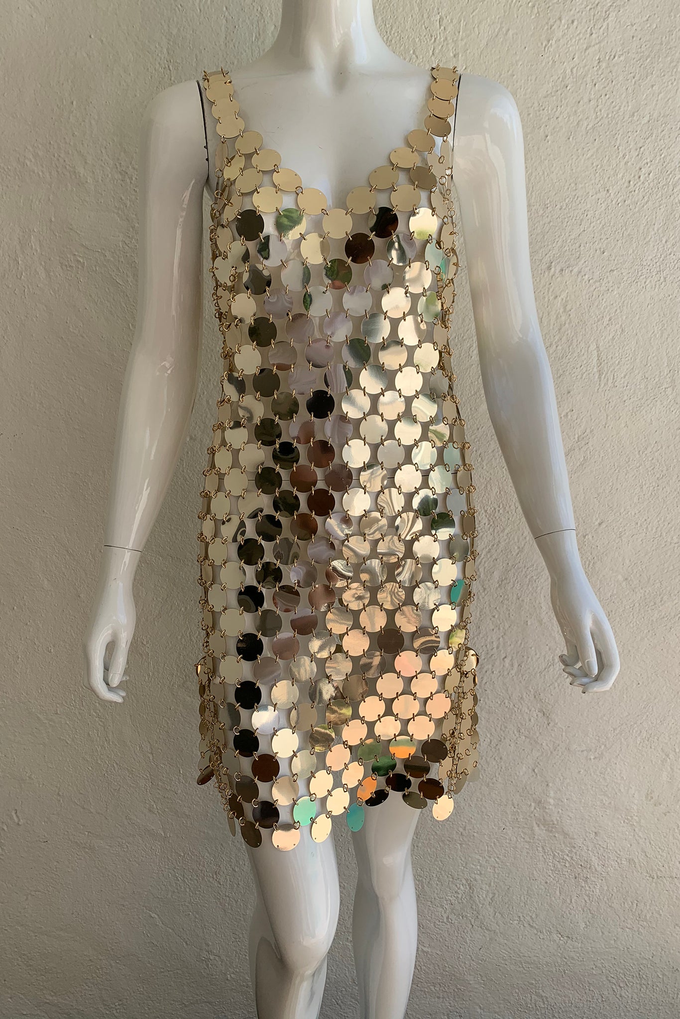 Vintage Paco Rabanne 1996 Do It Yourself Rhodoid Disc Dress on Mannequin front at Recess