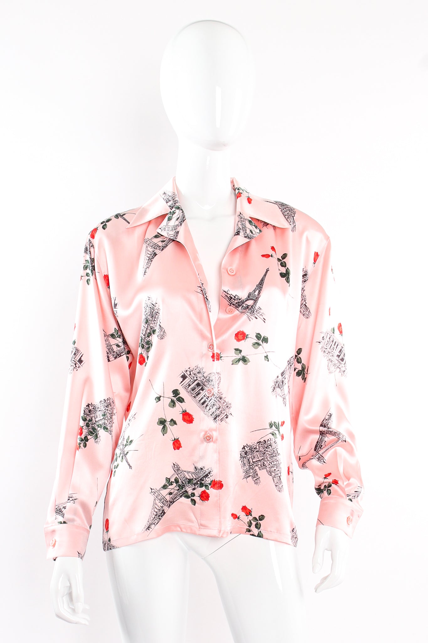 Vintage Escada Paris Monument Rose Silk Shirt on Mannequin front at Recess Los Angeles