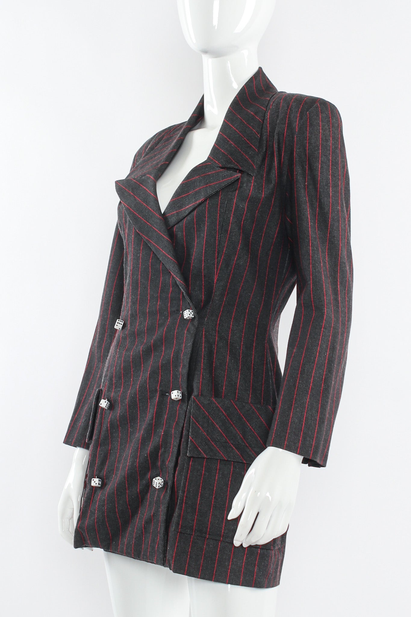 Vintage Patrick Kelly 1980s High Roller Pinstripe Dice Blazer mannequin angle @ Recess LA