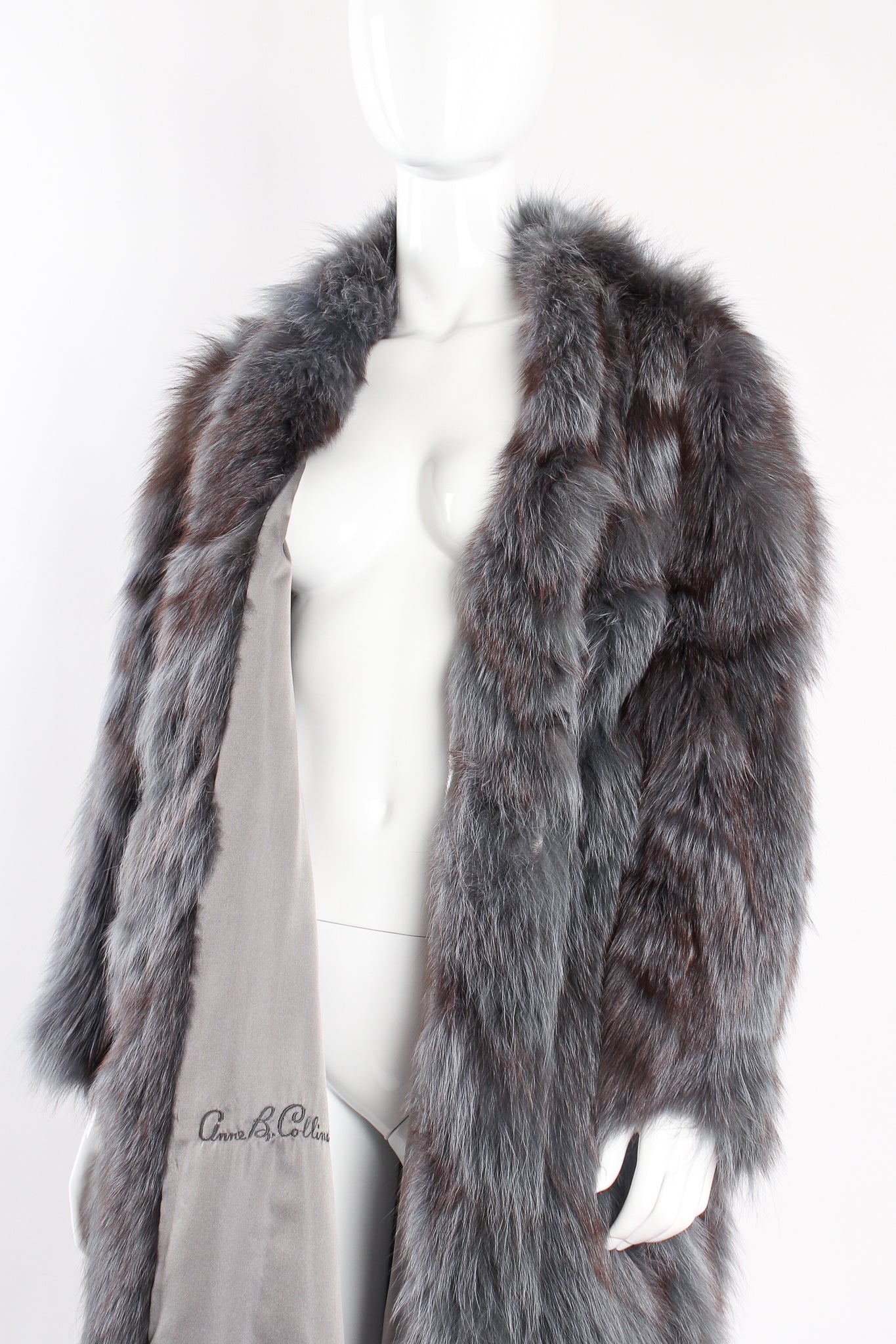 Vintage Pauline Trigere Long Collarless Fox Fur Coat on Mannequin crop at Recess Los Angeles