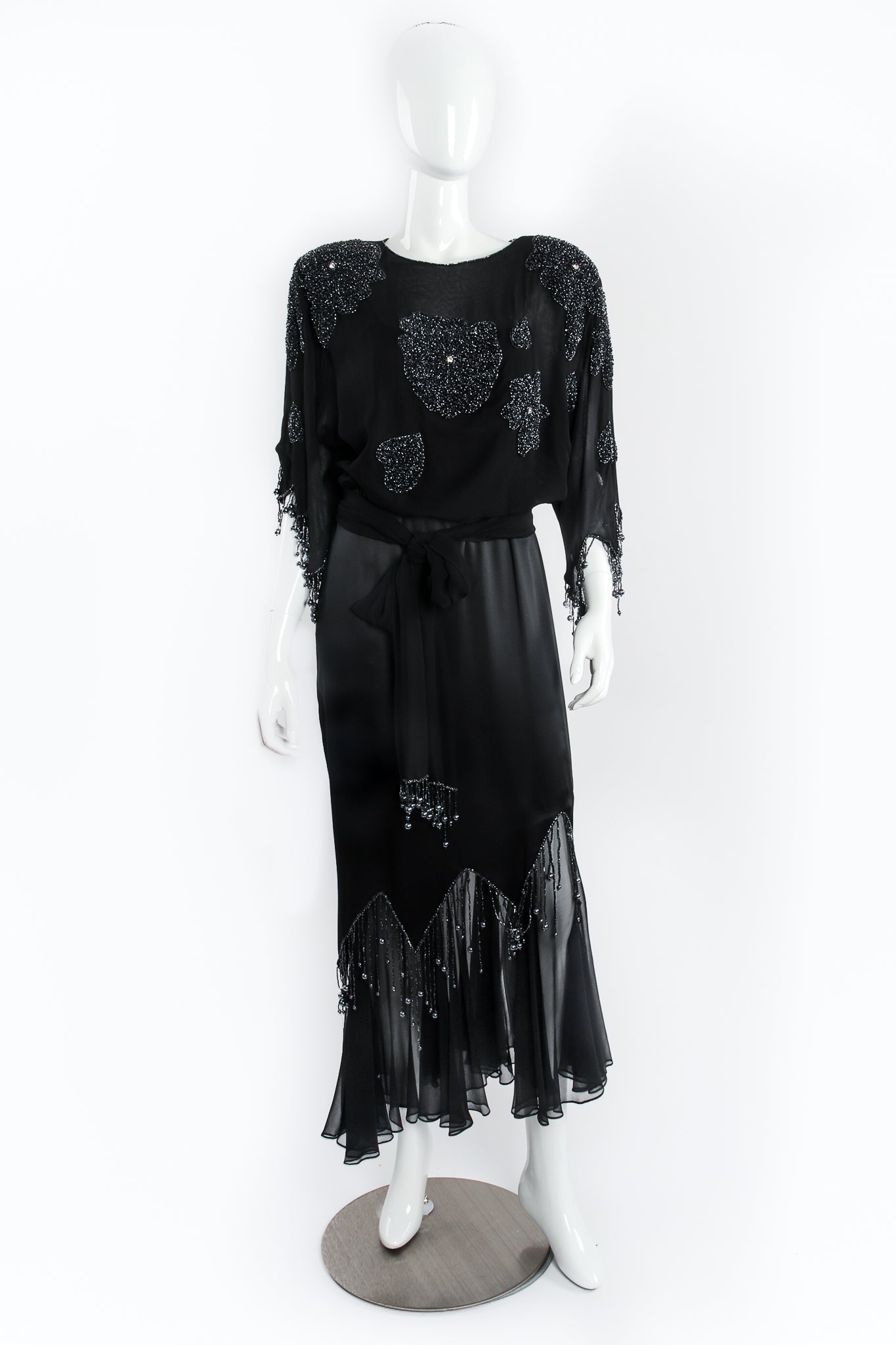 Vintage Pave Silk Chiffon Satin Beaded Fringe Dress on Mannequin Front at Recess LA