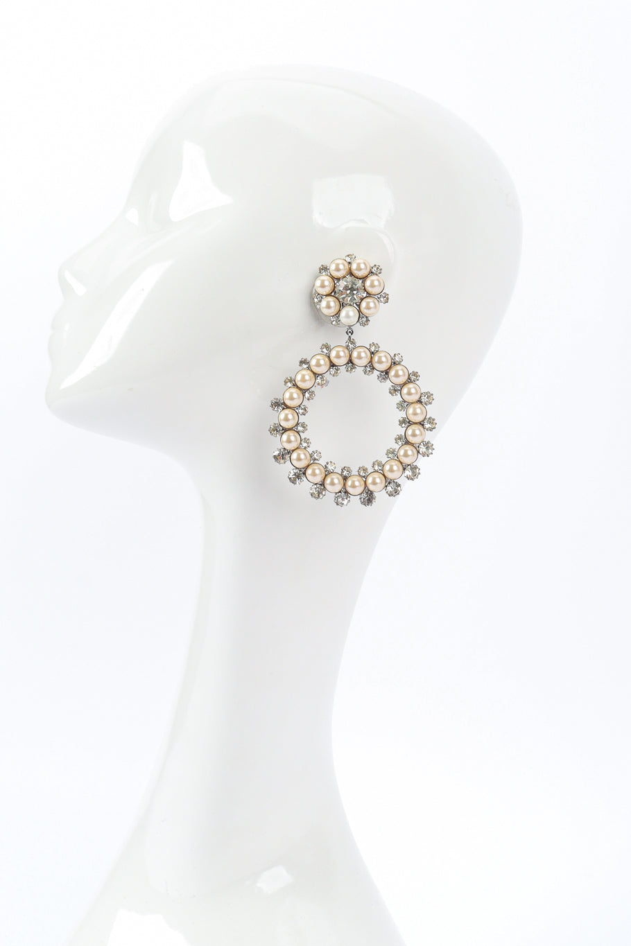 Statement pearl and rhinestone hoop earrings by Marie Ferrá mannequin @recessla