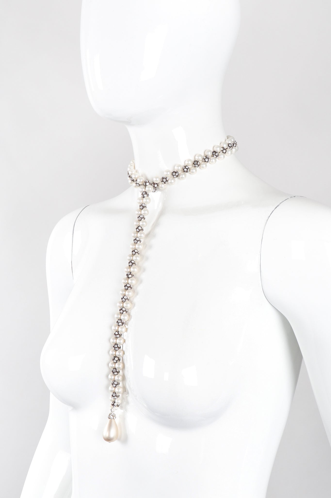 Recess Los Angeles Vintage Pearl Rhinestone Drop Bondage Lead Choker Y Necklace