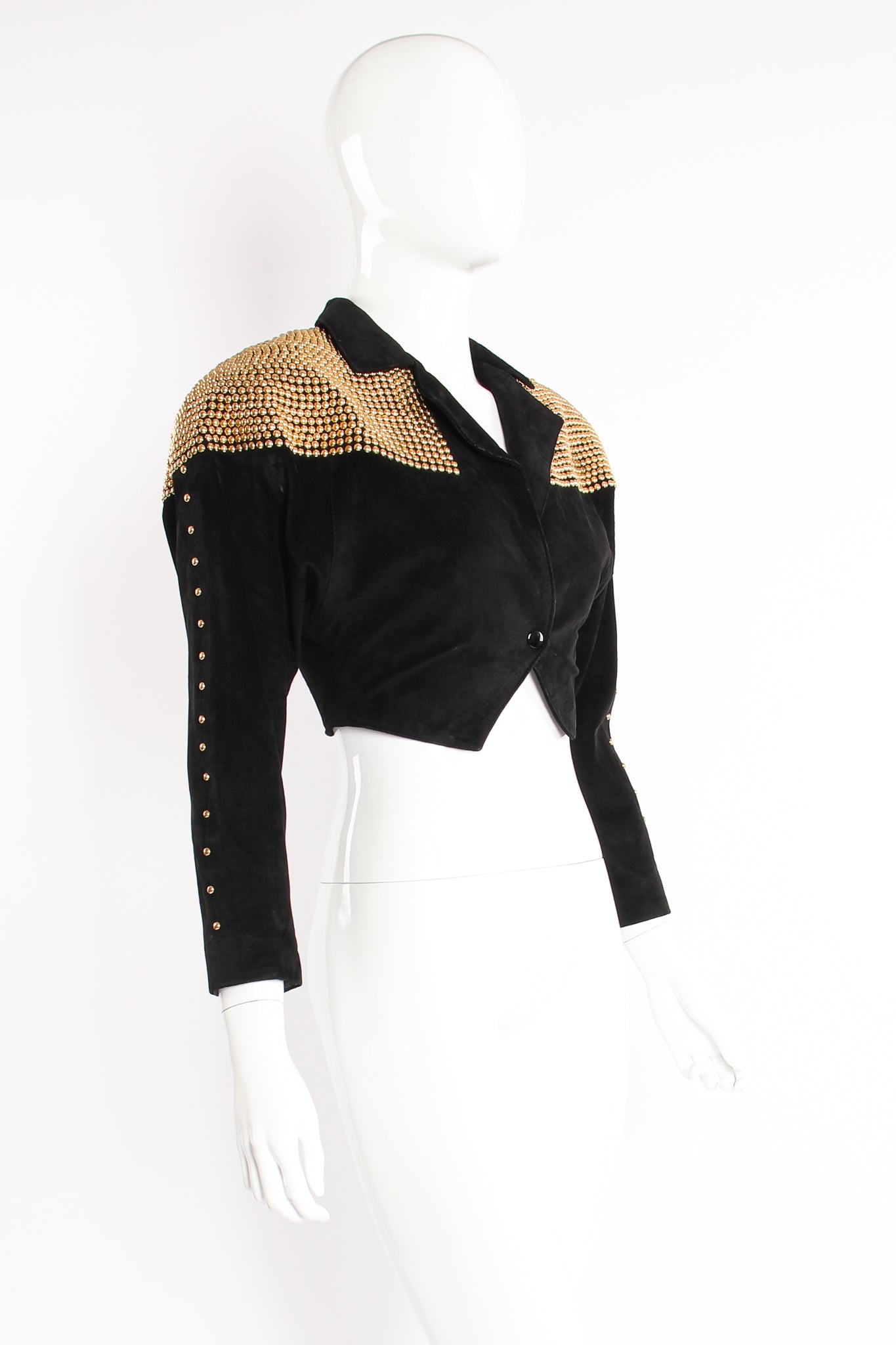 Vintage Philip Noel Studded Suede Crop Jacket on Mannequin angle at Recess Los Angeles