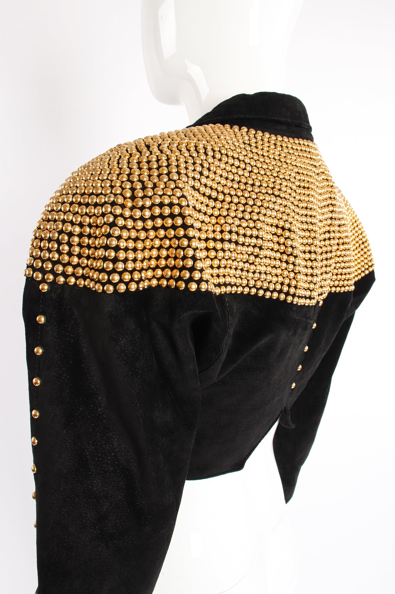 Vintage Philip Noel Studded Suede Crop Jacket on Mannequin back crop at Recess Los Angeles