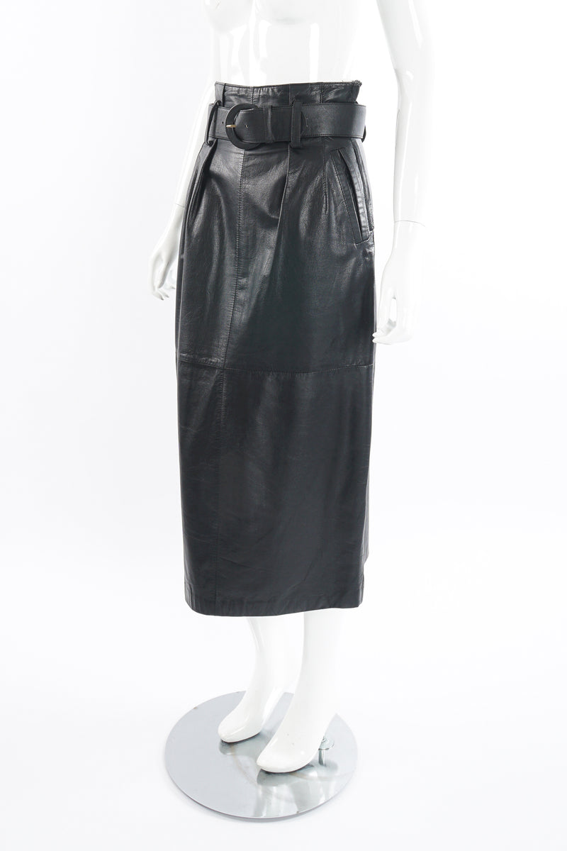 Vintage Pia Rucci Leather Belted Paper Bag Skirt on Mannequin side at Recess Los Angeles