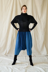 girl in Vintage Issey Miyake Pleats Please Sheer Pleated Mockneck Top w/ harem pant at Recess LA