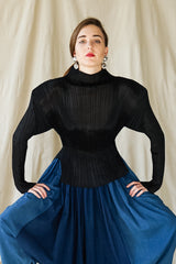 girl in Vintage Issey Miyake Pleats Please Sheer Pleated Mockneck Top w/ harem pant at Recess LA