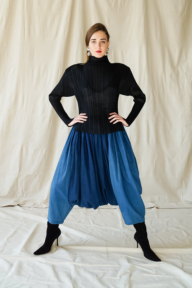 girl in Vintage Issey Miyake Plantation denim Harem Crop Pant & pleats please top at Recess LA