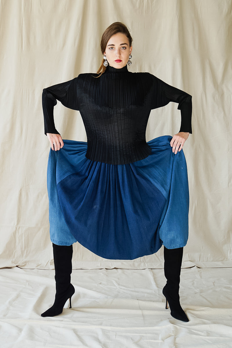 girl in Vintage Issey Miyake Plantation denim Harem Crop Pant & pleats please top at Recess LA