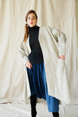 girl in Vintage Issey Miyake Cotton Striped Duster Jacket and harem pant at Recess Los Angeles