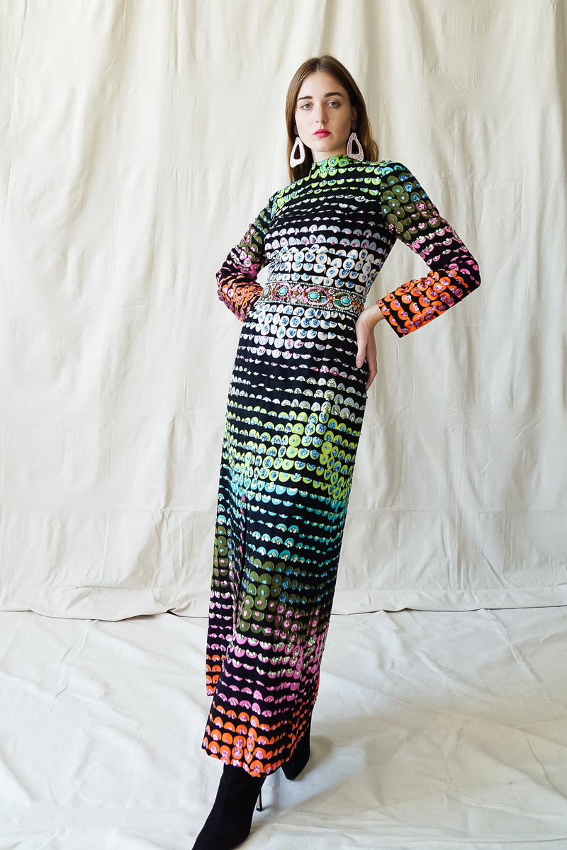 girl in Vintage Montaldo's Graphic Rainbow Sequin Dress w/ barbara groeger earrings @ Recess LA