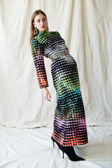 girl in Vintage Montaldo's Graphic Rainbow Sequin Dress w/ barbara groeger earrings @ Recess LA