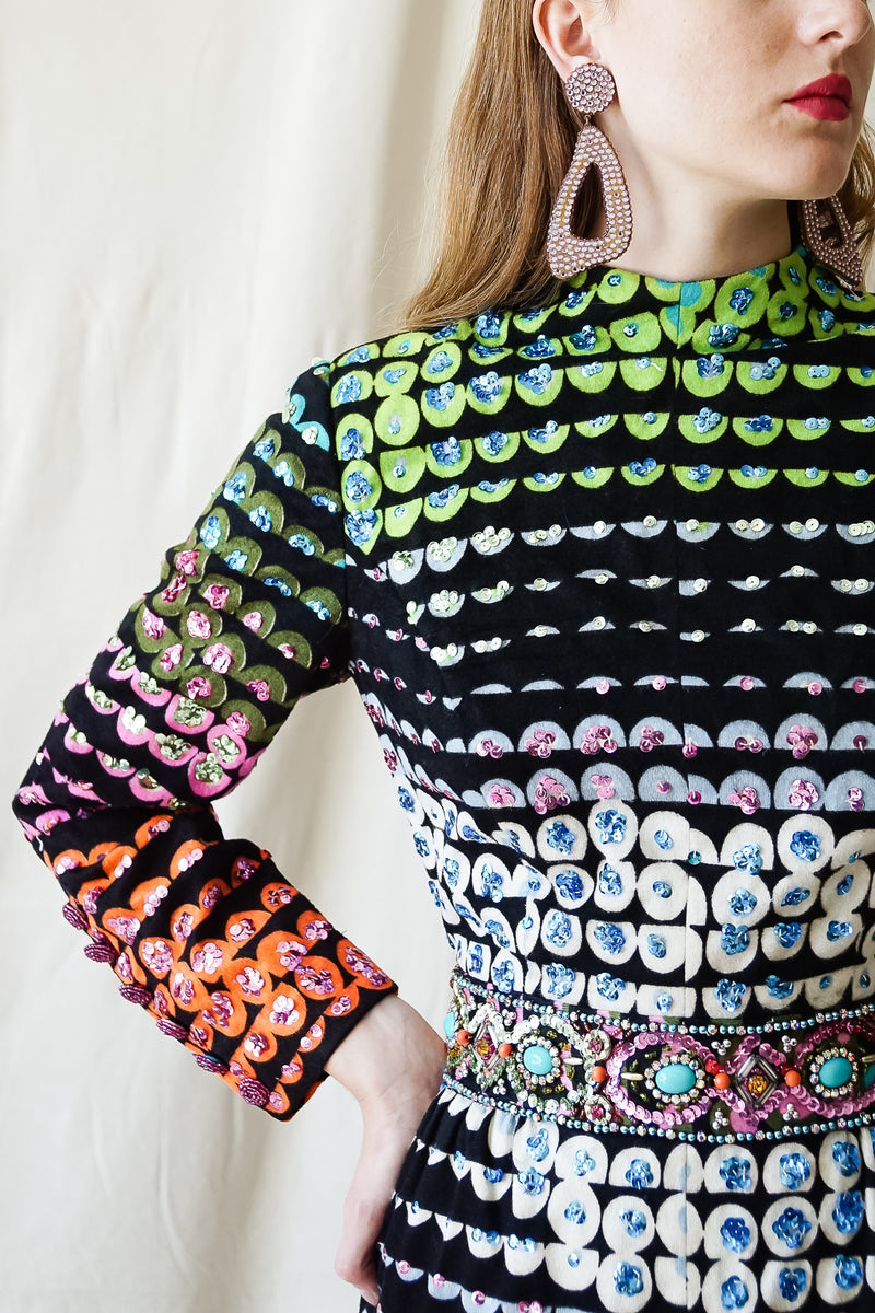 girl in Vintage Montaldo's Graphic Rainbow Sequin Dress w/ barbara groeger earrings @ Recess LA