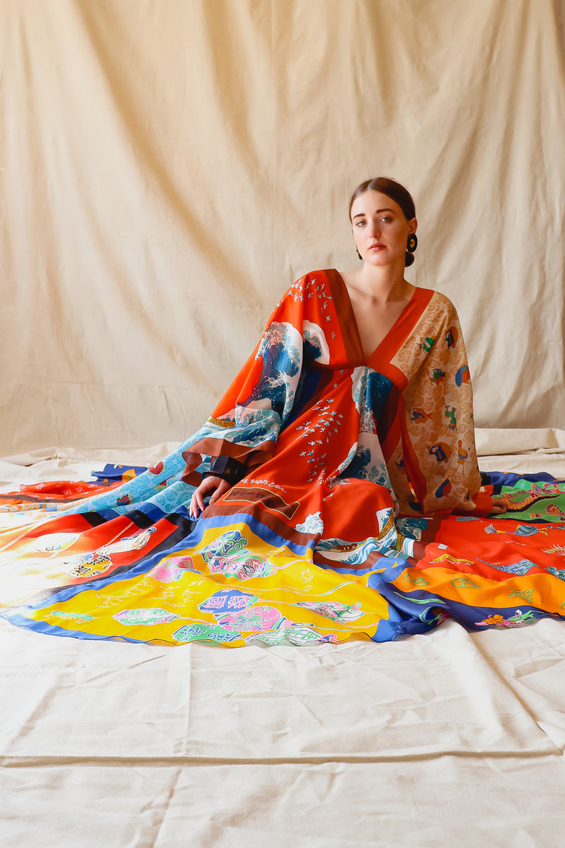 Vintage LaVetta of Beverly Hills Signature Silk Scarf Dress Caftan on Girl at Recess LA