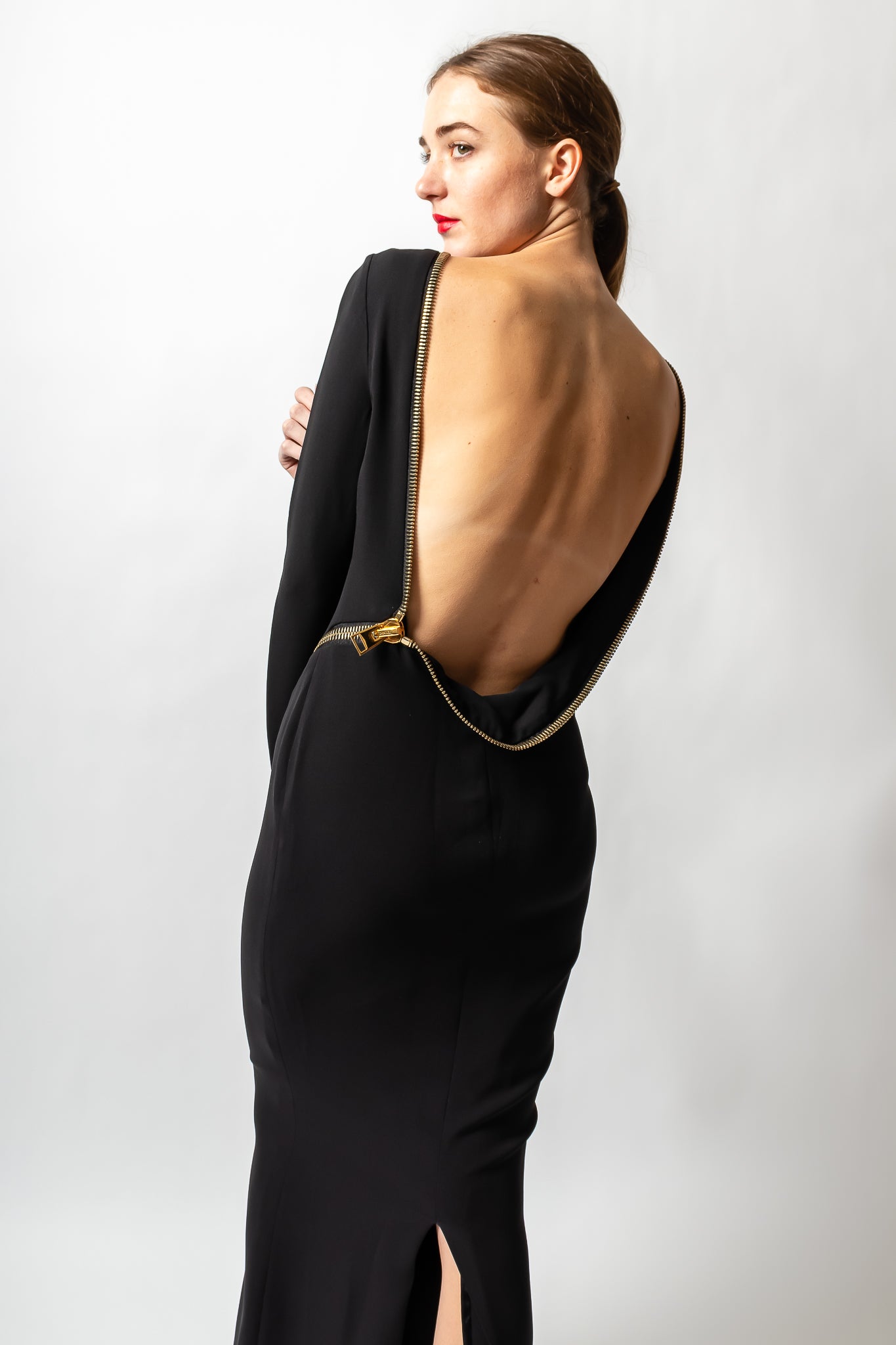 girl in Vintage Tom Ford AW 2012 Plunge Back Zipper Gown at Recess Los Angeles