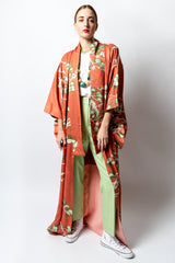 Girl in Vintage Salmon Japanese Pine Frost Komon Kimono with green pant at Recess Los Angeles