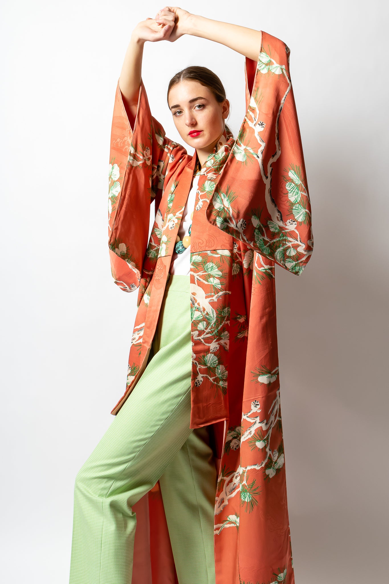 Girl in Vintage Salmon Japanese Pine Frost Komon Kimono with green pant at Recess Los Angeles