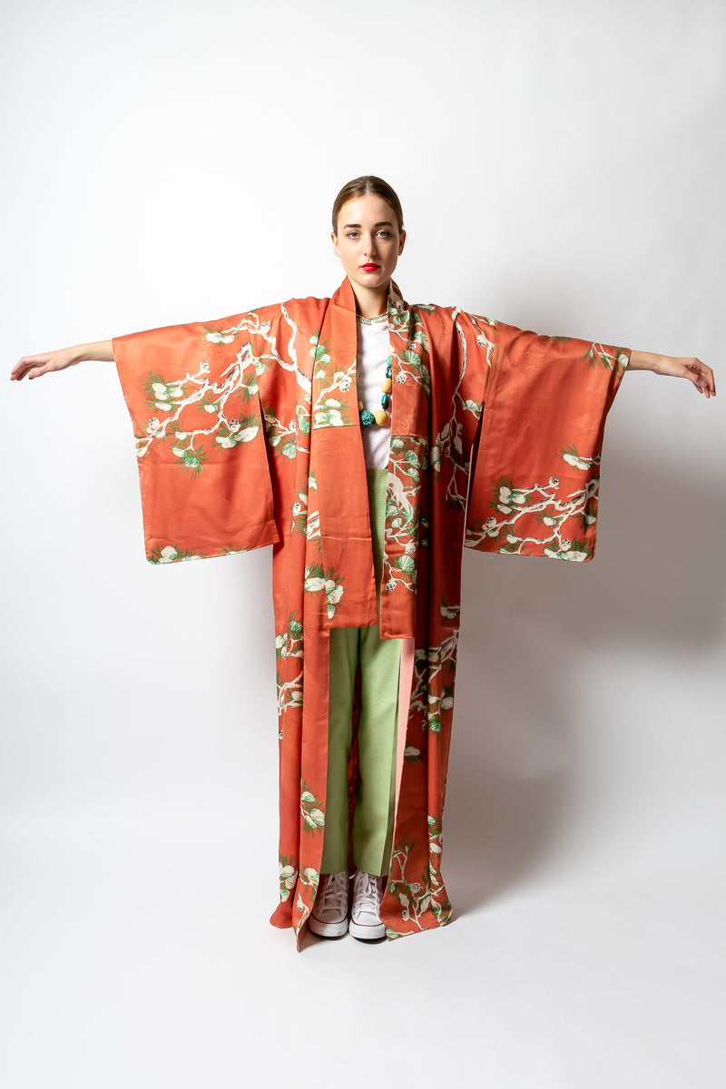 Girl in Vintage Salmon Japanese Pine Frost Komon Kimono with green pant at Recess Los Angeles