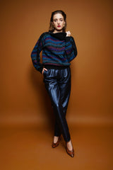 girl in Vintage Missoni Sawtooth Stripe Bateau Sweater & Erez leather pant on brown at Recess LA