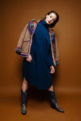 girl in Vintage Norma Canada Rainbow Crochet Nubuck Jacket and Kamali dress at Recess Los Angeles